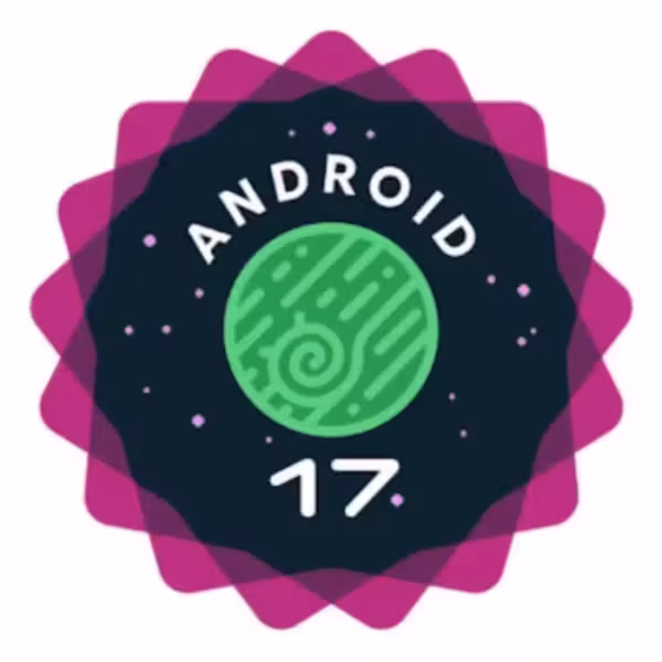 Логотип Android 17 beta 3 с зелёным кругом и фиолетовой рамкой