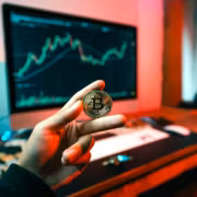 Биткойн Bitcoin в руке у человека на фоне монитора с графиком