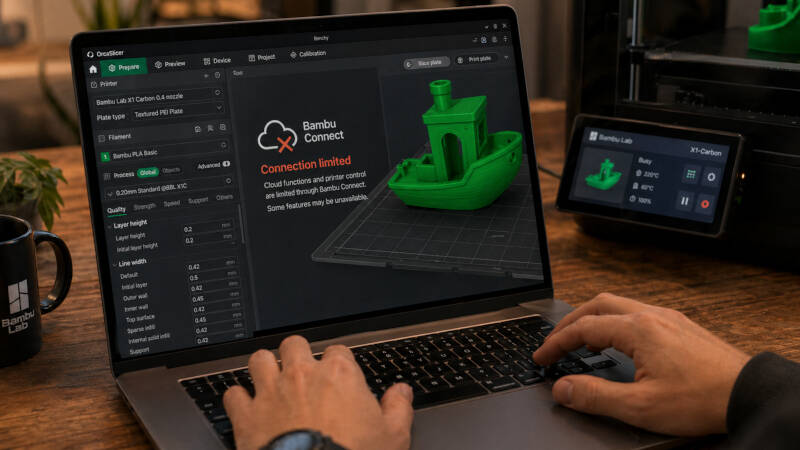 Экран ноутбука с ошибкой Bambu Connect и моделью XT-Carbon