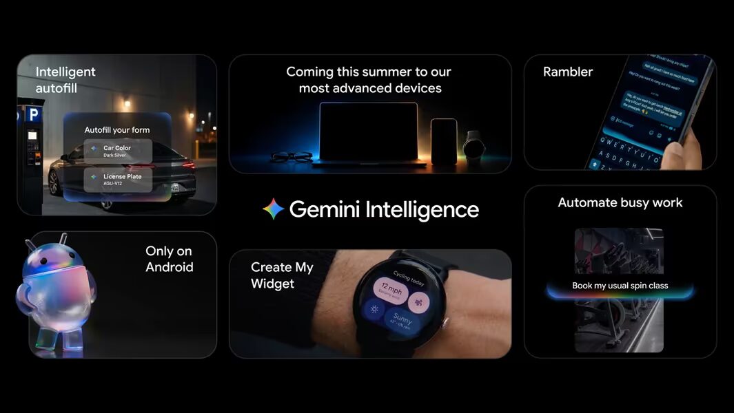 Панель с функциями Gemini Intelligence на смартфоне и умных часах