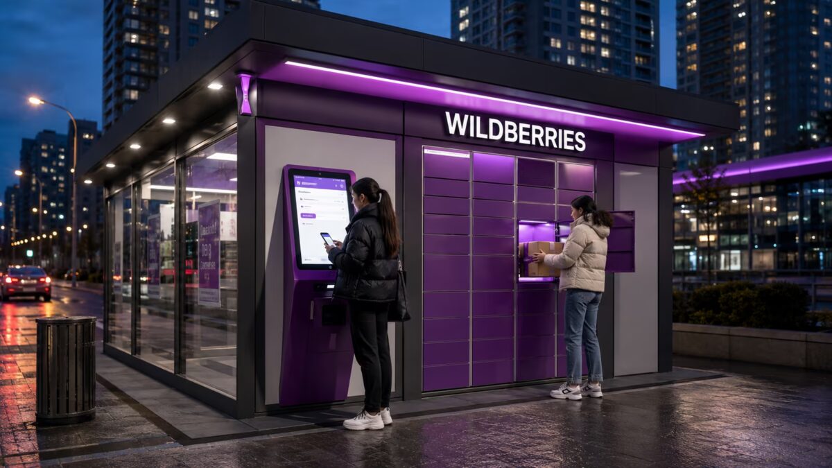 Автоматизированный пункт выдачи Wildberries, два человека используют терминал и ячейку для посылок