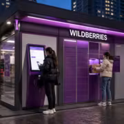 Автоматизированный пункт выдачи Wildberries, два человека используют терминал и ячейку для посылок