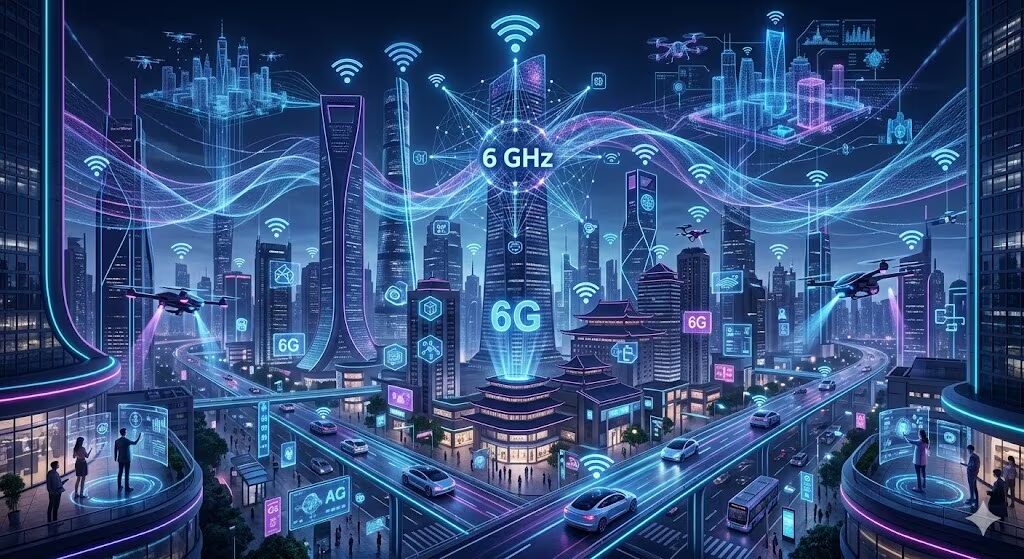 Городской пейзаж с технологическими элементами 6 ГГц 6G