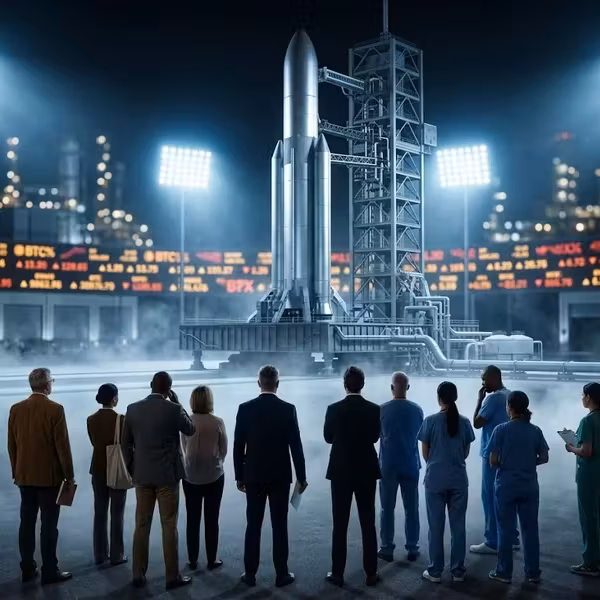 Люди в деловых костюмах observe ракету SpaceX на площадке