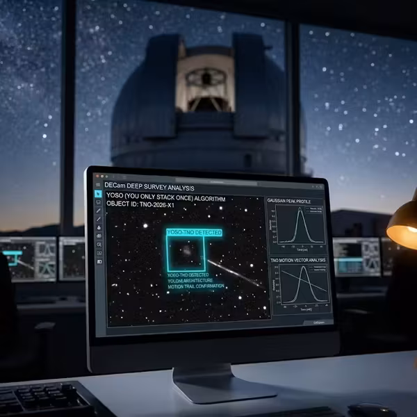 Монитор с анализом данных о космических объектах, telescope и лампа