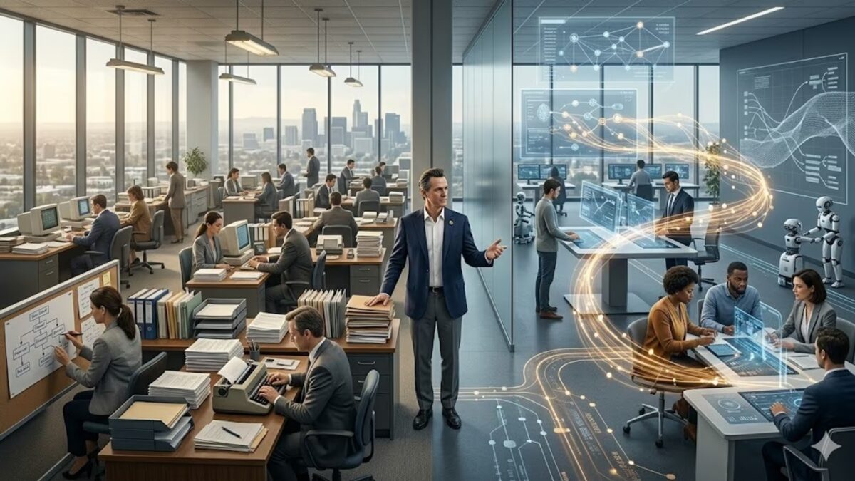 современный офис с компьютерами и роботами Калифорния Efficio AI