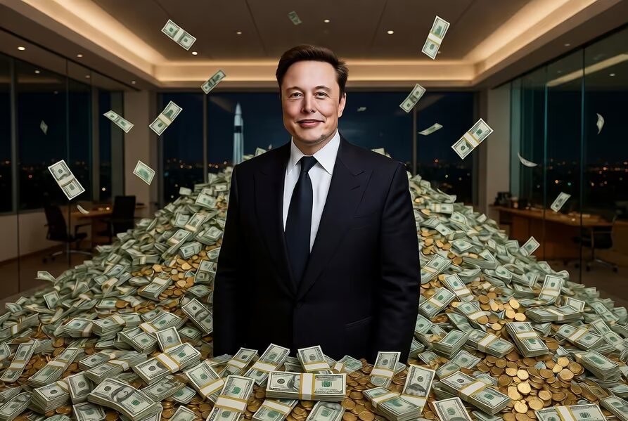 Миллионер в деловом костюме на фоне хранимых денег SpaceX IPO