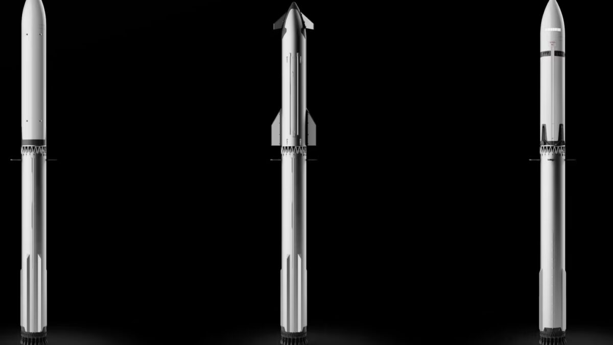 Три ракетные ступени Starship от SpaceX в различных положениях