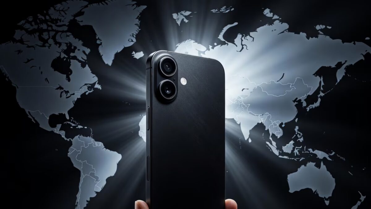 умный телефон iPhone 17 и карта мира в фоне