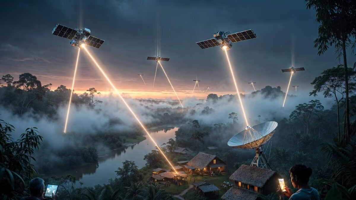 Спутники Starlink над деревьями и домами в Амазонии