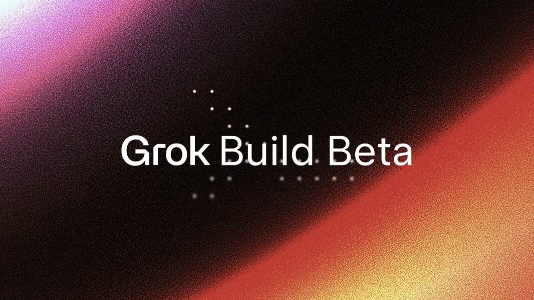 Заставка Grok Build Beta с логотипом и фоном темных градиентов