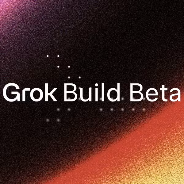 Заставка Grok Build Beta с логотипом и фоном темных градиентов