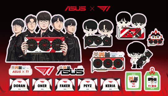 Игровые видеокарты ASUS RTX 5070 и 5060 Ti с изображением командных фигур T1 и Faker