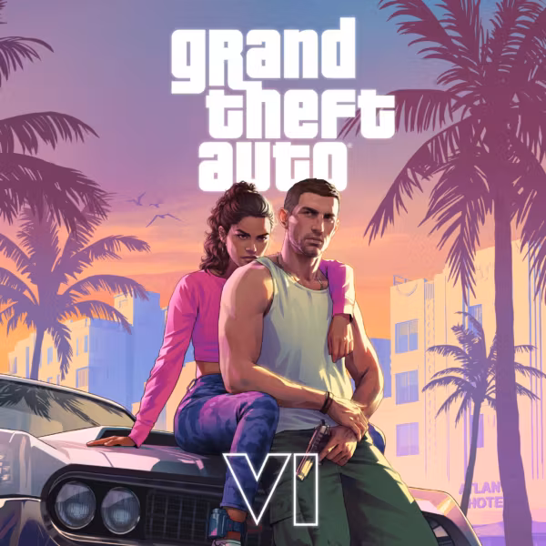 Два персонажа возле авто на фоне пальм и зданий GTA VI