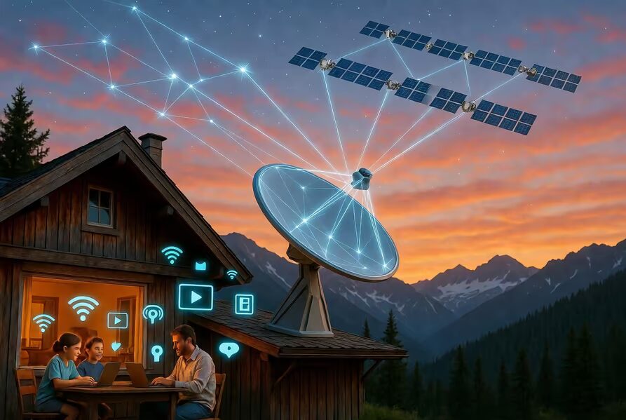 Дети и взрослый используют ноутбук рядом со спутником Starlink