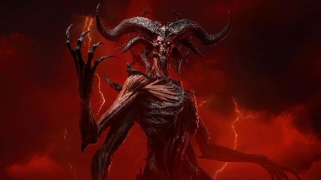 Демон с рогами и гримасой на фоне молний Diablo 4