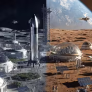 Космическая база SpaceX на Луне с ракетами и астронавтами