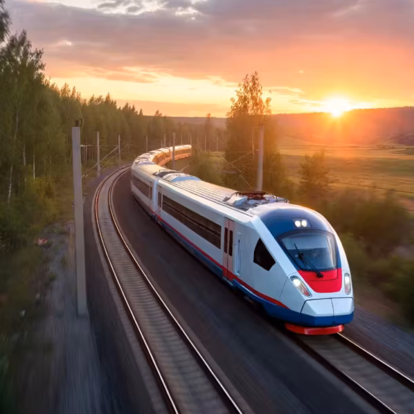 Высокоскоростной поезд ВСМ Москва-Петербург движется по железной дороге
