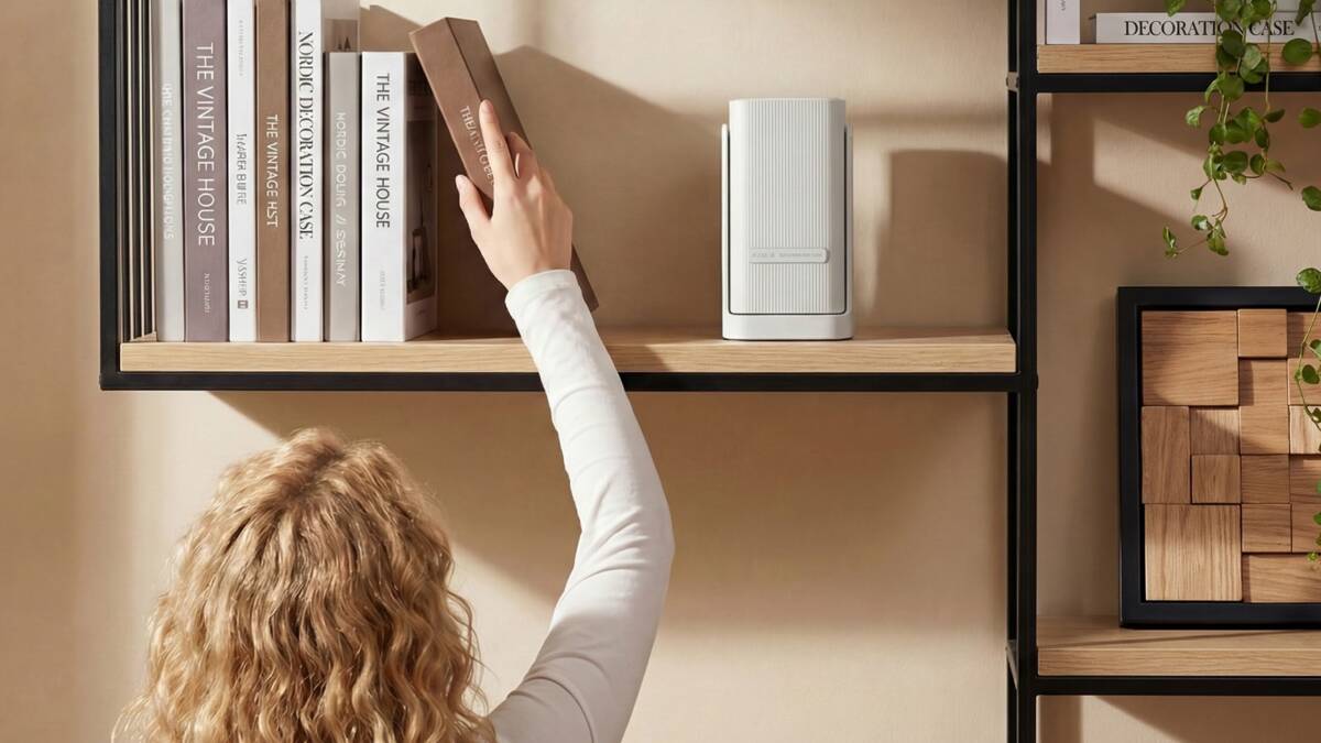 Книжная полка с книгами и проектором Wanbo ToGo Pro