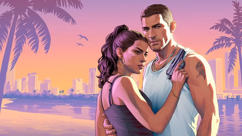 Арт с двумя персонажами и небом заката при GTA VI
