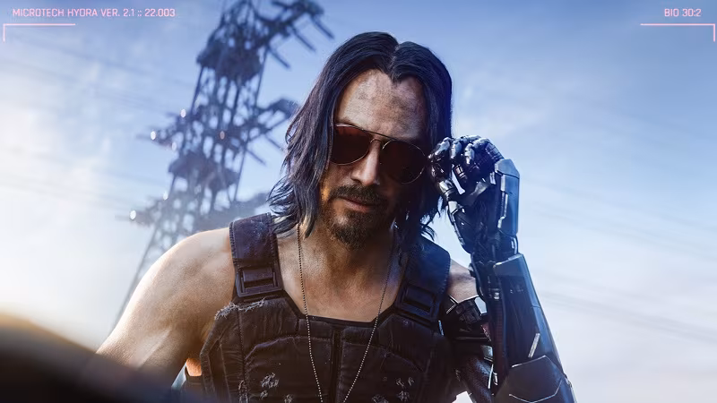 Киберпанк-герой в солнцезащитных очках и металлической руке CD Projekt