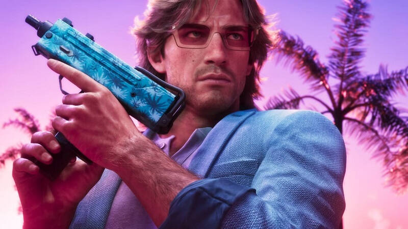 Мужчина с пистолетом на фоне пальм в закате в GTA VI на PS5