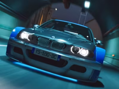 Гоночная машина BMW M3 E46 с голубым подкрылком постоянкой