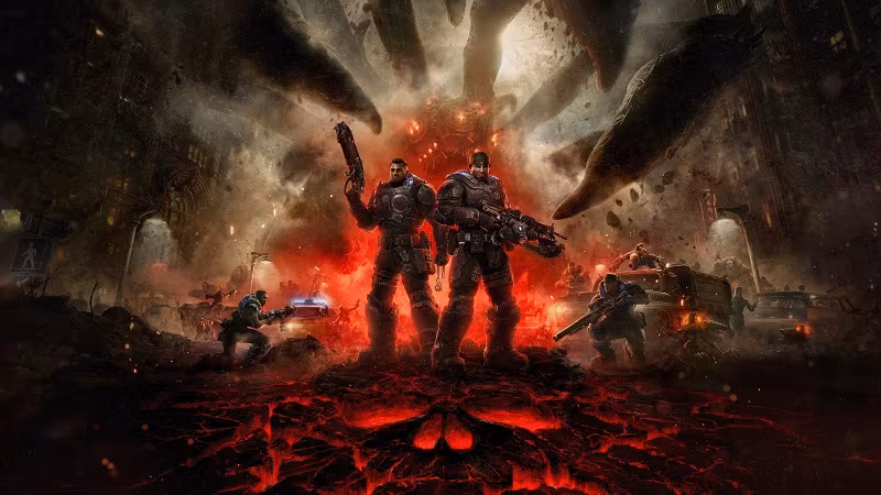 Военные бежат по разрушенной улице с оружием Gears of War E-Day