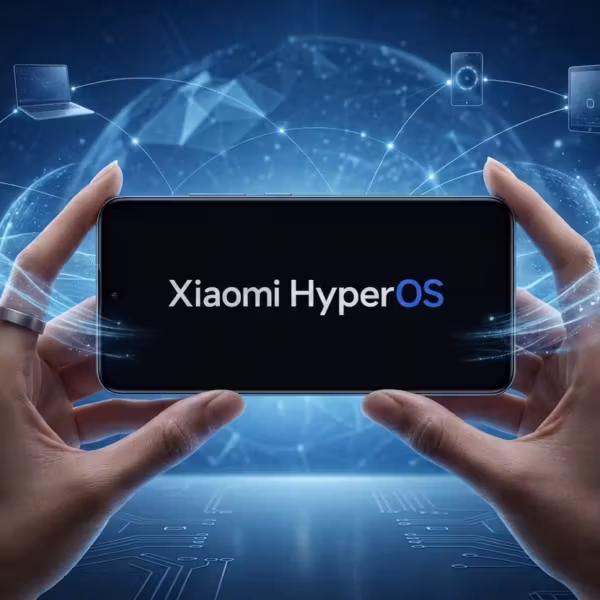 Смартфон Xiaomi HyperOS на руке с фоном технологий