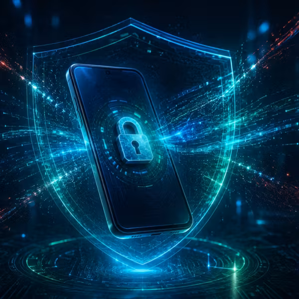 Смартфон с замком и цифровыми линиями на экране Касперского