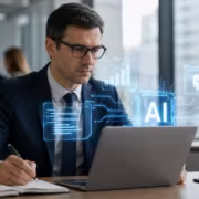 Человек в деловом костюме работает за ноутбуком с AI обсуждение Минцифры