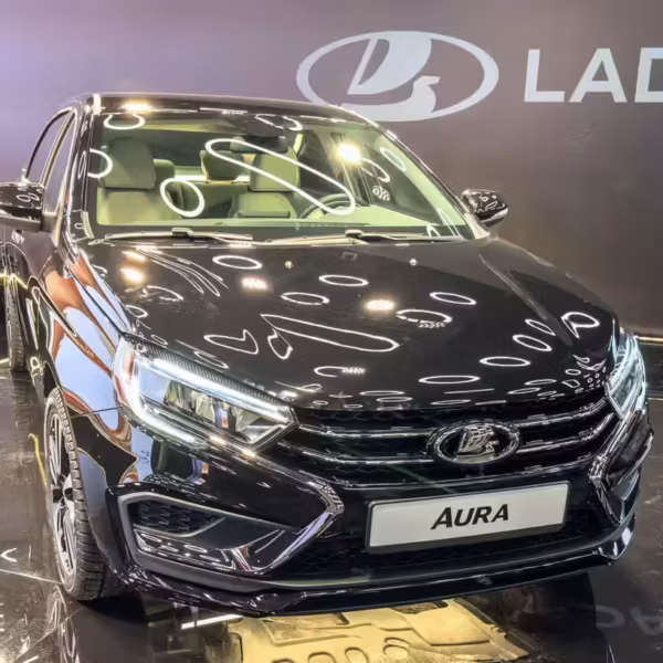 Черный автомобиль Lada Aura на выставке