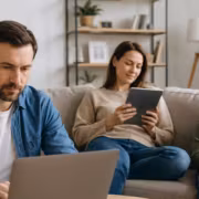 Семья с компьютером планшетом и смартфоном в гостиной вбюджетный стиль интерьер домашний уют детский мальчик женщина мужчина