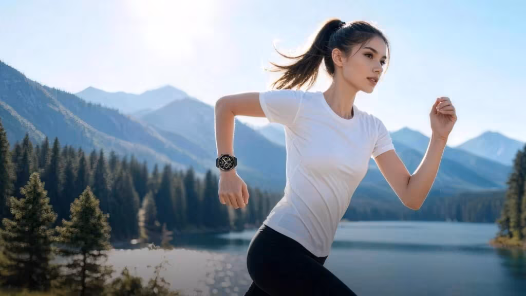 Девушка бегает у озера с часами Honor Watch 6