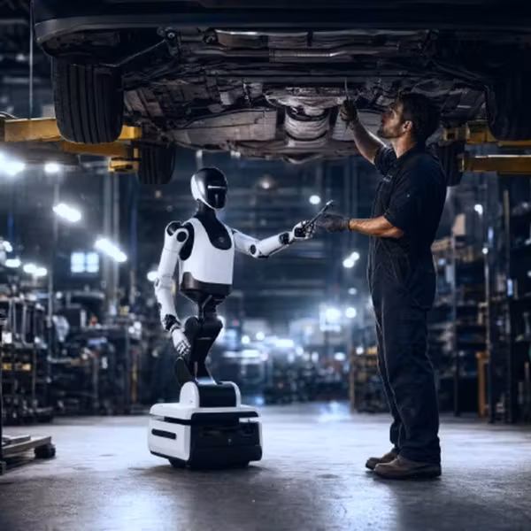 Робот Faber и техник в автосервисе Faraday Future
