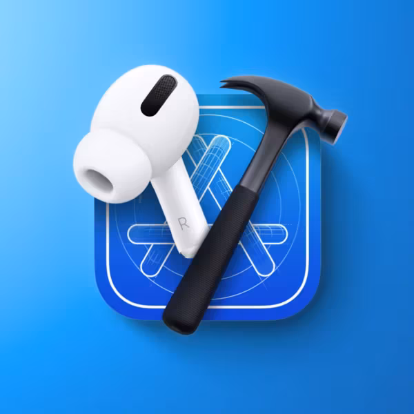 AirPods и молоток на синем фоне чертежи