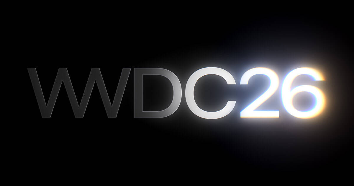 Логотип WWDC 2026 на темном фоне. Текст светится и размывается