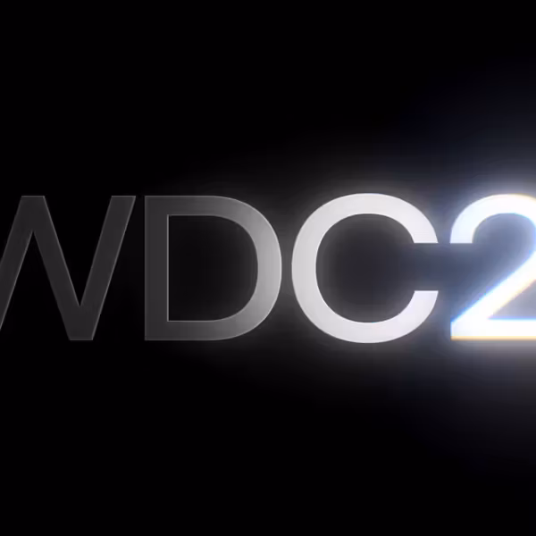 Логотип WWDC 2026 на темном фоне. Текст светится и размывается