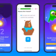 Экран приложения Duolingo, три смартфона, пользовательский интерфейс, обучение языкам, победа и стресс, зеленая сова, коричневый медведь