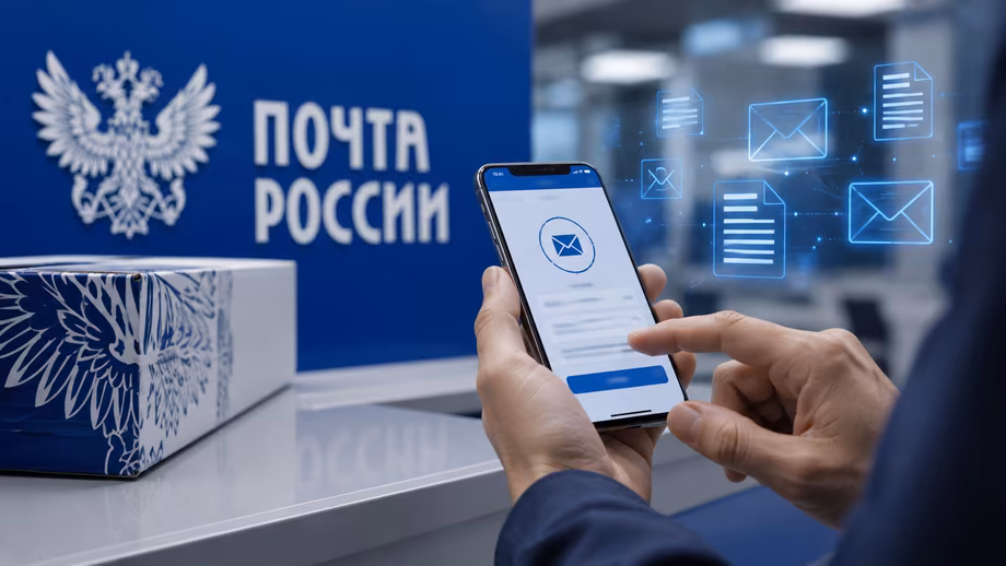 Человек использует мобильный телефон для электронной почты Почта России