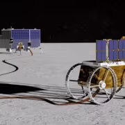 Лунная поверхность с аппаратом Voyager, астронавтом и Землёй