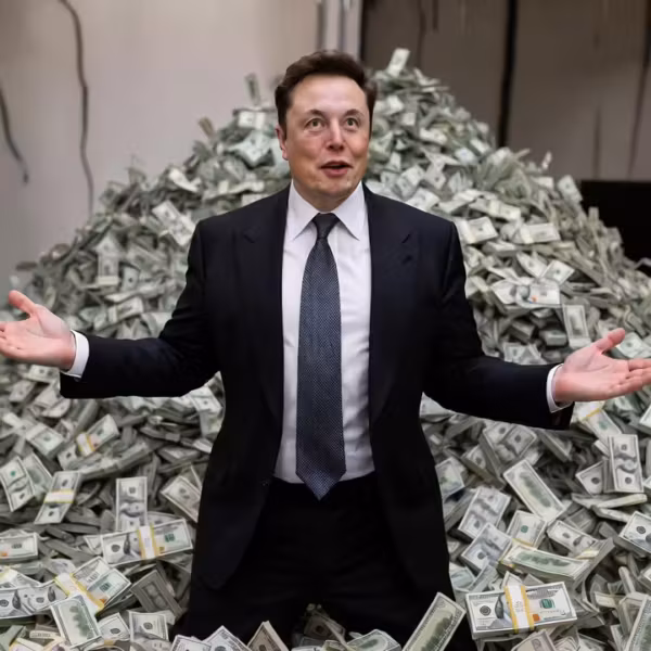 Мужчина в костюме на фоне куче денег SpaceX заявки