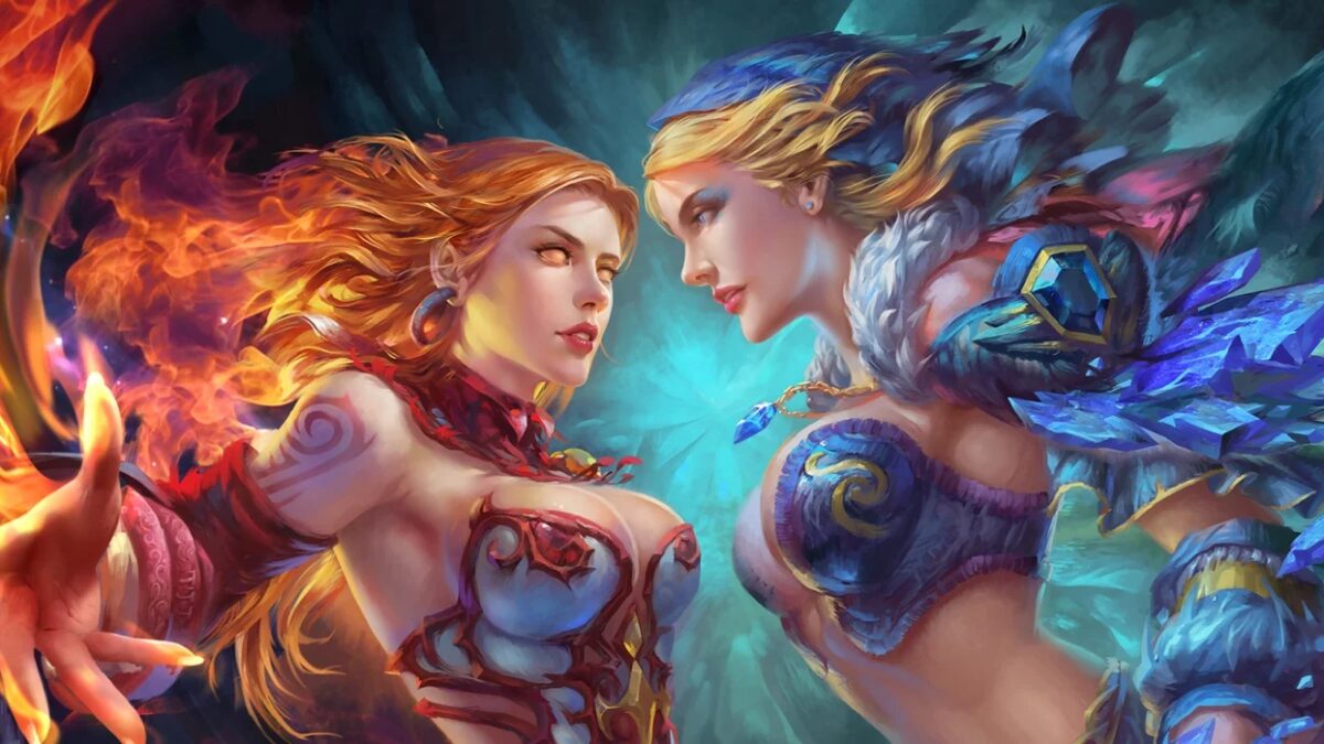 Косплей Crystal Maiden и Lina из Dota 2 на фоне магической энергии