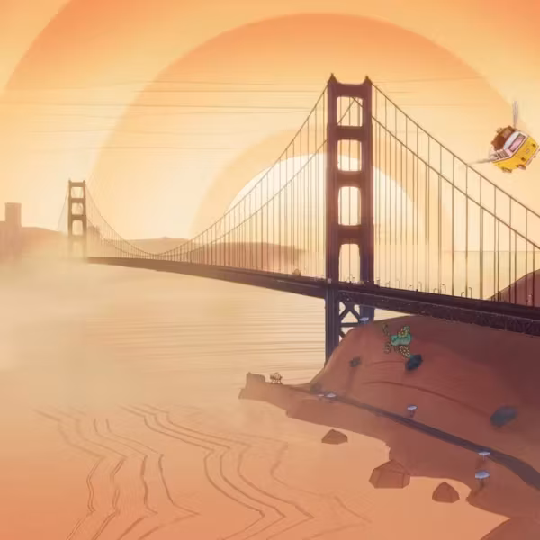 иллюстрация macOS 27 Golden Gate мост в туманности