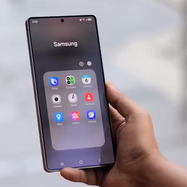 Рука держит смартфон Samsung Galaxy S25 с рабочим интерфейсом One UI 9