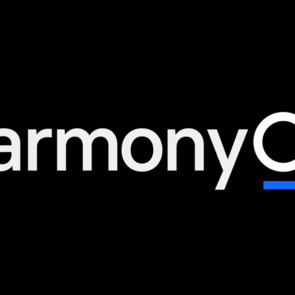 Логотип HarmonyOS на чёрном фоне с текстом
