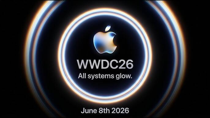 Логотип Apple и круги светящихся колец в центре WWDC26