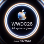 Логотип Apple и круги светящихся колец в центре WWDC26