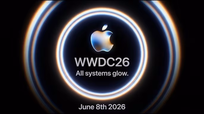 Логотип Apple и круги светящихся колец в центре WWDC26