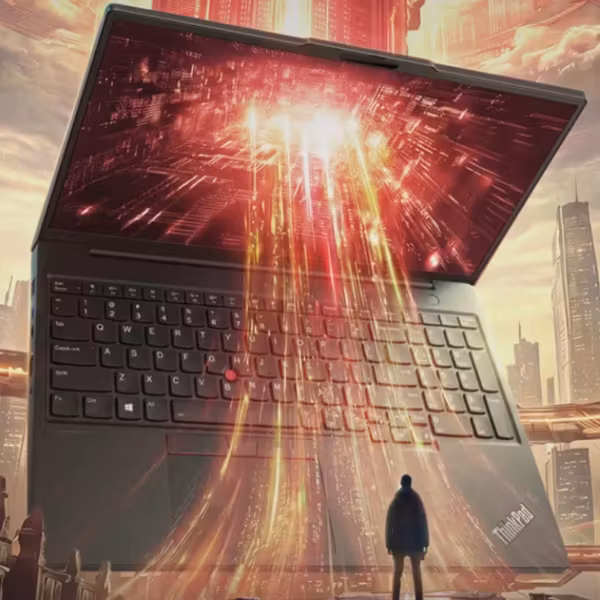 Леново ThinkPad P16s вылетает из экрана в городском пейзаже
